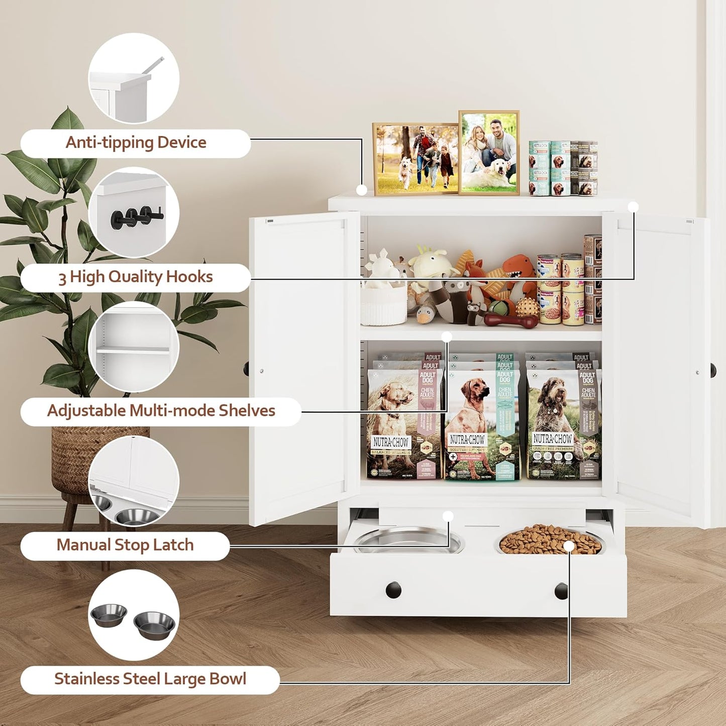 Dog Feeding Station with Storage, Metal Dog Food Storage Cabinet with 2 Elevated Bowls and 3 Hooks, Pet Feeding Station and Dogs Food Storage Organizer, White