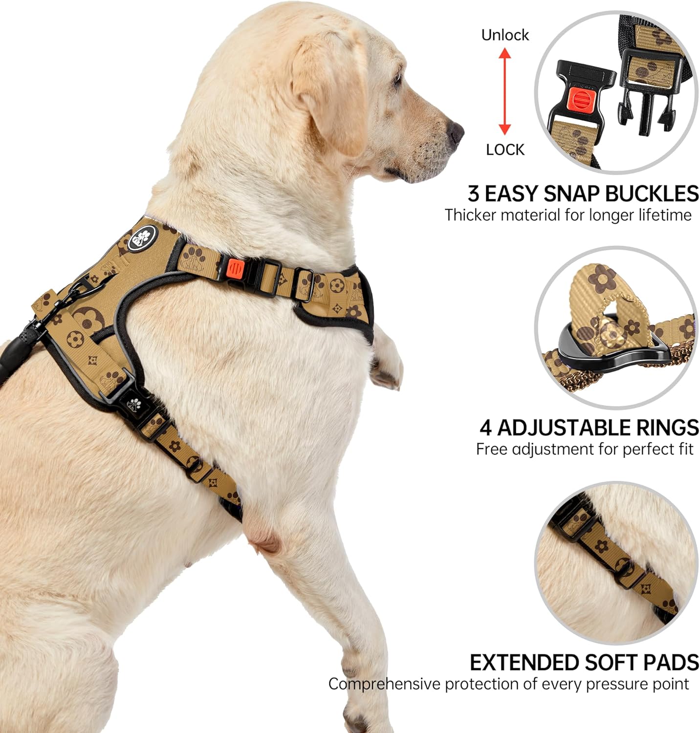 NESTROAD No Pull Dog Harness,Adjustable Oxford Dog Vest Harness with Leash,Reflective No-Choke Pet Harness with Easy Control Soft Handle for Large Dogs(Large,Light Brown)
