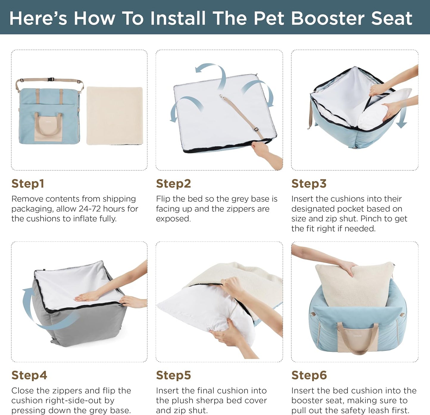 Lesure Small Dog Car Seat for Small Dogs - Soft Dog Booster Seat for Car with Storage Pocket and Clip-On Safety Leash and Thickened Memory Foam Filling, Pet Travel Carrier Bed, Light Blue