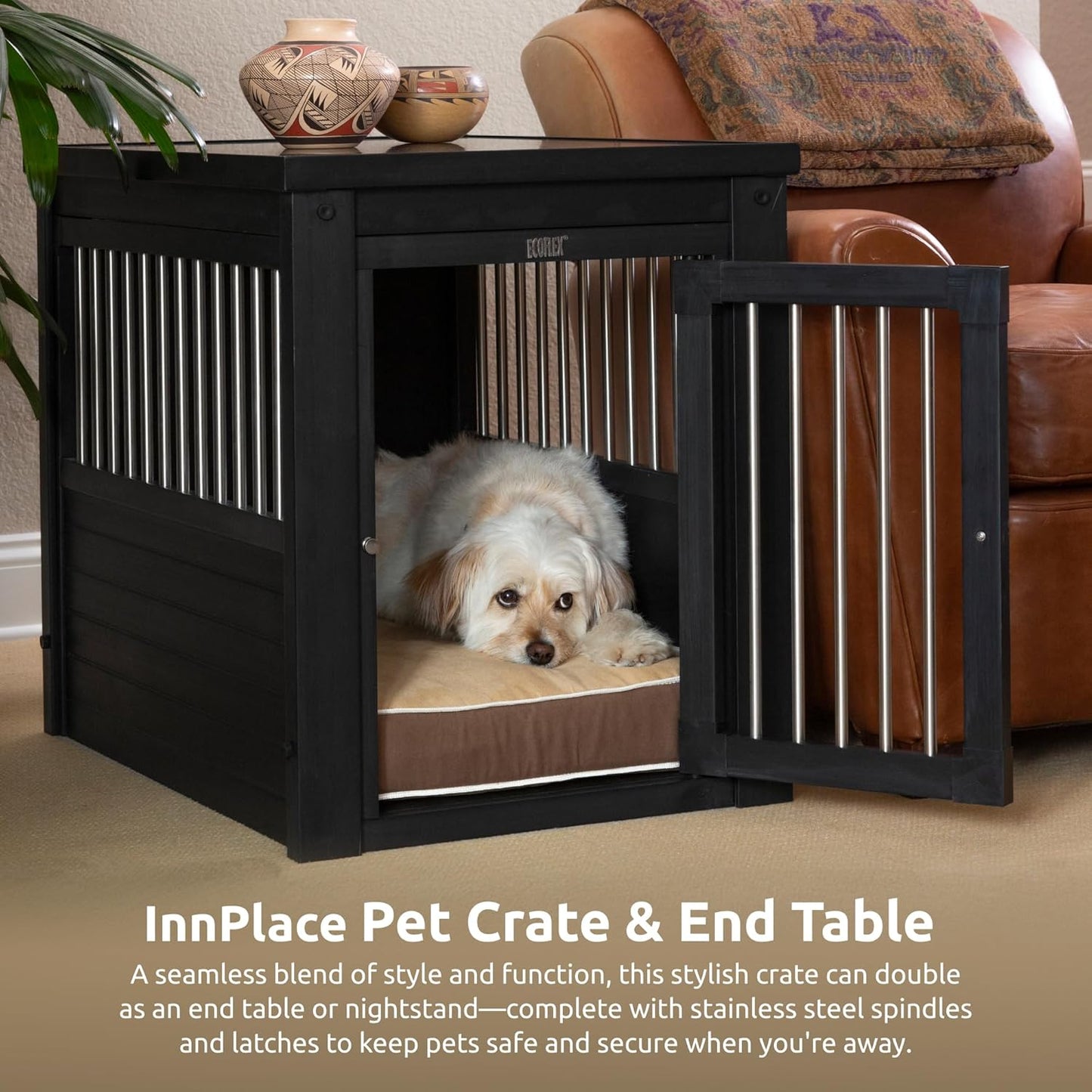 New Age Pet ECOFLEX Dog Crate End Table - Furniture-Style Pet Crate for Crate Trained Dogs - Stainless Steel Tubing & a Latched Closure - 10 Year Manufacturer's Warranty, Medium, Black