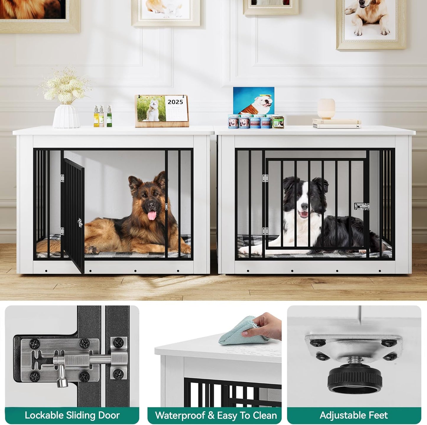 YITAHOME 76 Inch Double Dog Crate Furniture, XXL Dog Crate Furniture for 2 Dogs, Side End Table, Waterproof Top, Safety Corners, 2-in-1 Iron-Wood Fusion Dog Kennel Furniture for 2 Large Dogs,White