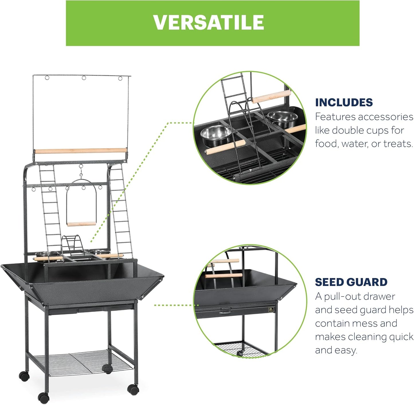 Prevue Pet Products Small Parrot Playstand with Wheels, Bird Stand Activity Play Center with Perches and Ladders, Indoor Outdoor Playground for Birds with Swing, Black Hammertone Finish