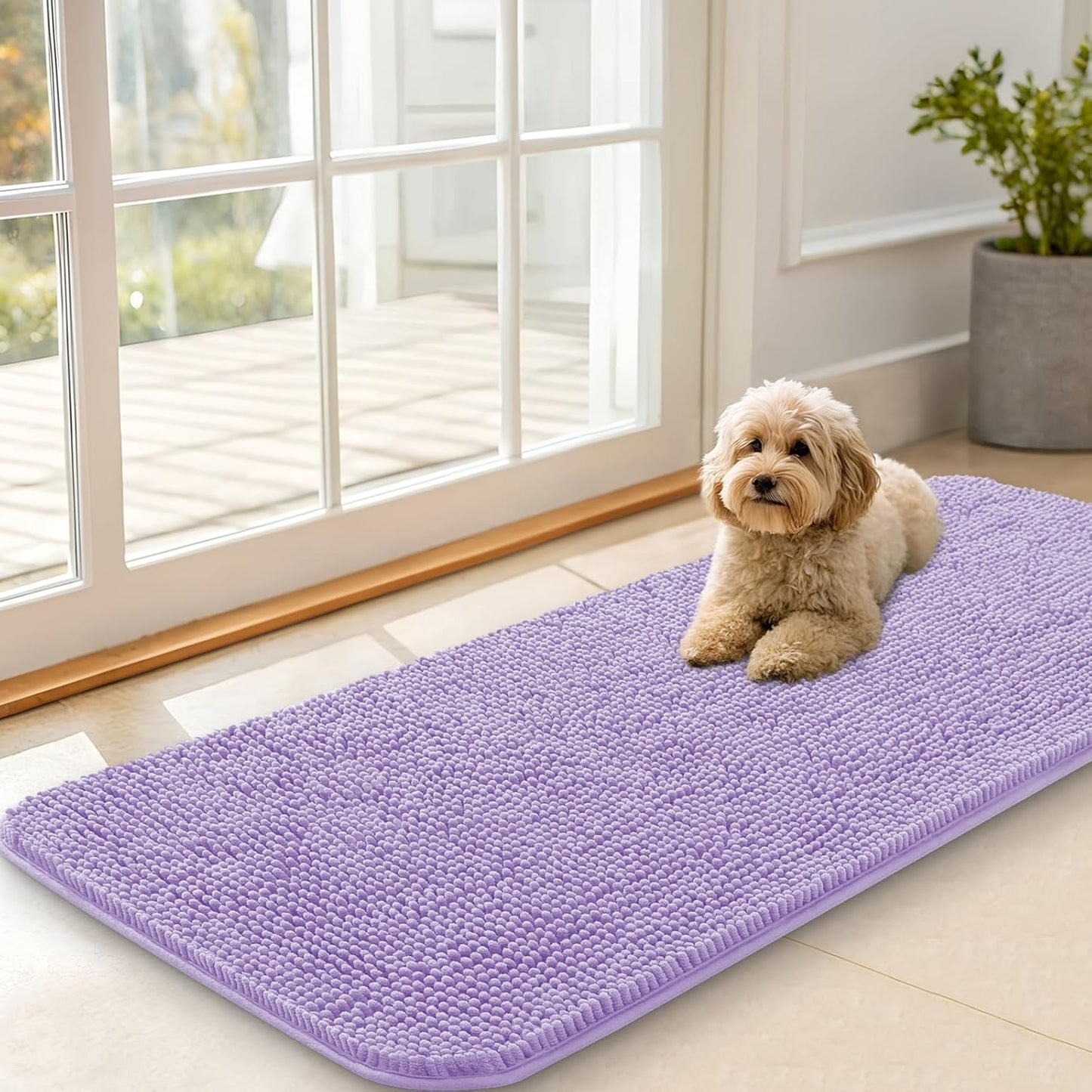 OLANLY Dog Door Mat for Muddy Paws 47x20, Absorbs Moisture and Dirt, Absorbent Non-Slip Washable Doormat, Quick Dry Chenille Mud Mat for Dogs, Entry Indoor Entryway Carpet for Inside Floor, Lavender