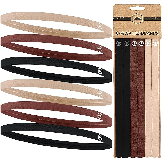 Tough Headwear Thin Elastic Headbands for Men - Sports Hair Head Band for Women & Men - Non Slip Mens Workout Headband - Running or Soccer Headband - 6-Pack