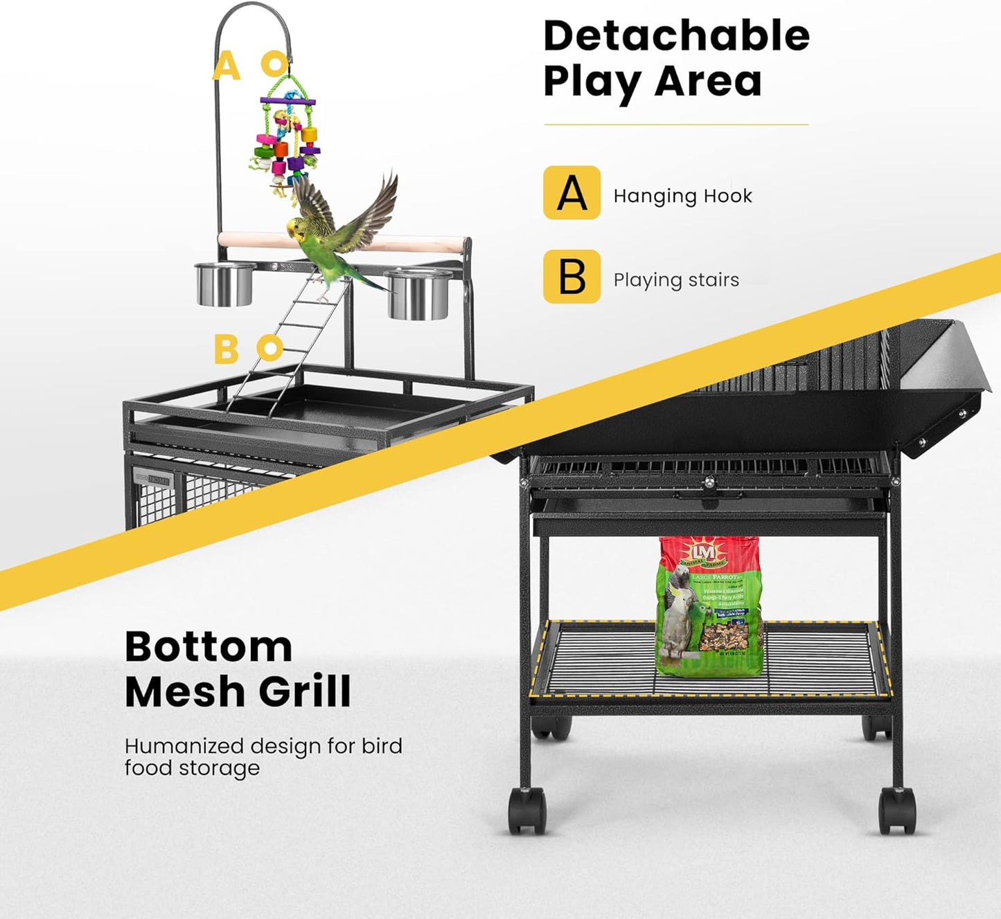VIVOHOME 72 Inch Wrought Iron Large Bird Cage with Play Top and Stand for Parrots Lovebird Cockatiel Parakeets Black