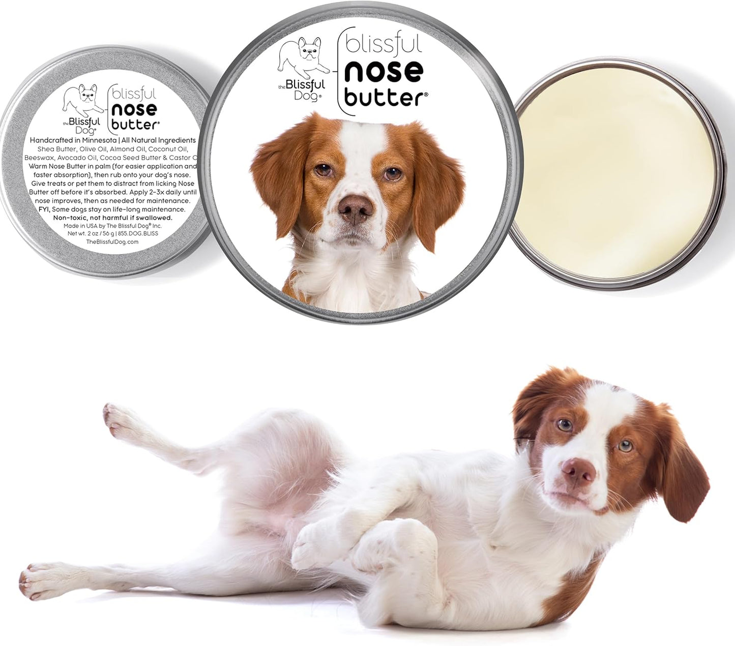 The Blissful Dog Brittany Spaniel Nose Butter for Dry, Cracked Skin, Lick-Safe Dog Nose Balm with Moisturizing Shea Butter, Almond, Olive, and Essential Oils, Pet Supplies, Uncented, 8 oz.