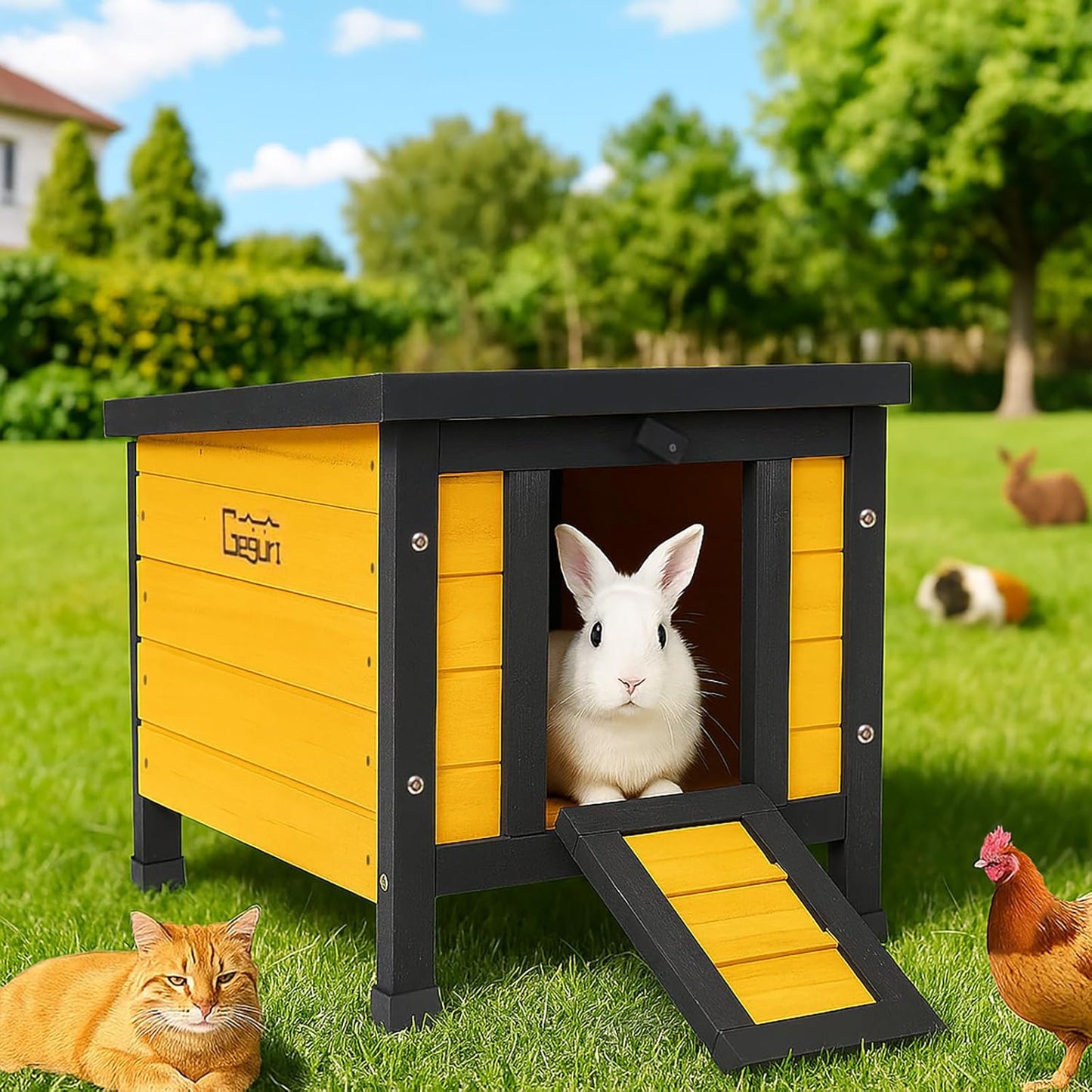 GEGURI Outdoor Cat House Weatherproof, Rabbit Hutch & Indoor Bunny Cage, Wooden Shelter for Feral Cats, Rabbits, Chickens & Small Animals