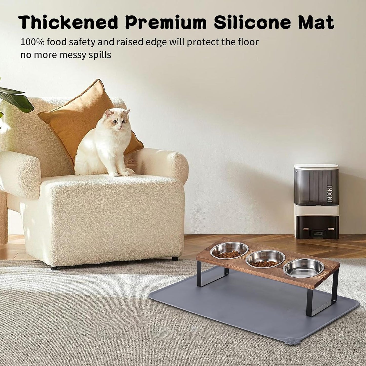 Upgraded Elevated Cat Bowls with Food Mat,15°Tilted Stand Anti Vomiting Raised Cat Dishes for Food and Water,3 Stainless Steel Bowls for Cats and Puppy（Rustic Brown）