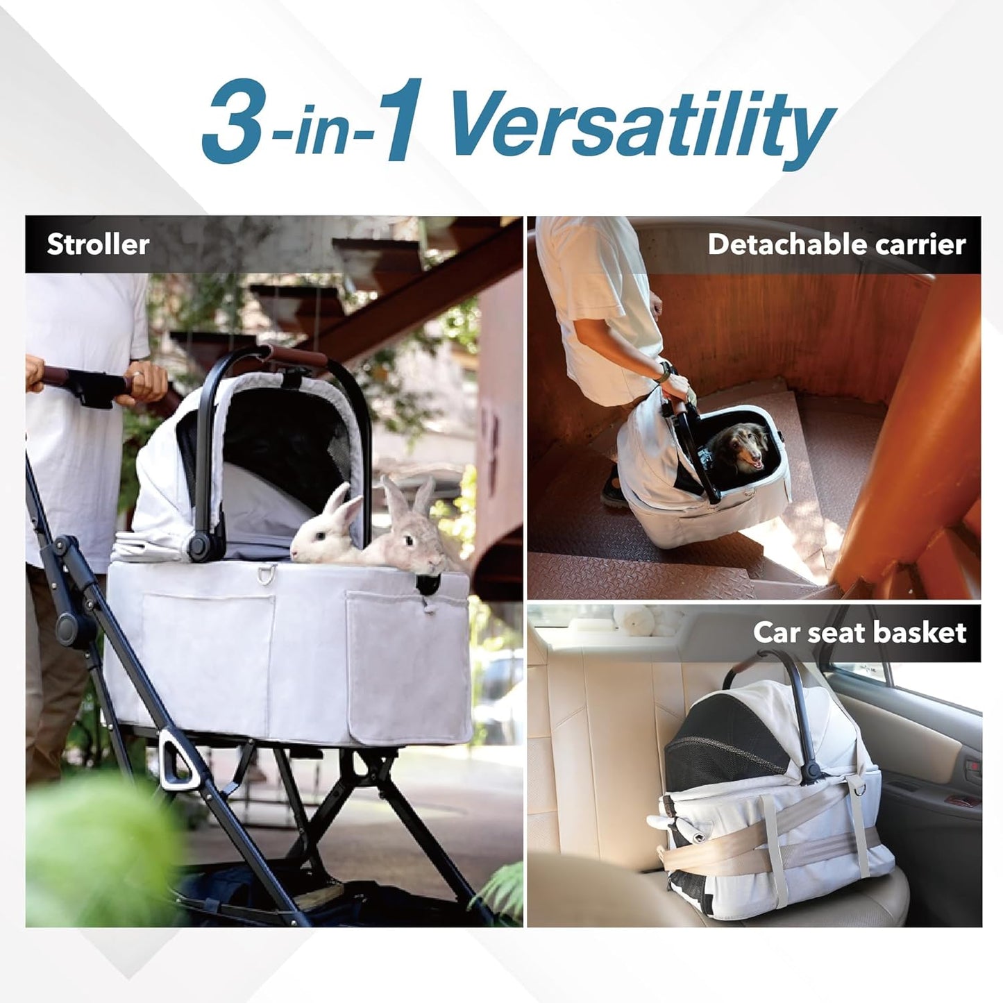 ibiyaya Tinker Pet Stroller for Small Dogs and Cats – 3-in-1 Pet Carrier, Dual-Opening Canopy, No-Flat Wheels, Vegan Leather Handle, Large Storage Basket (Silver Gray)