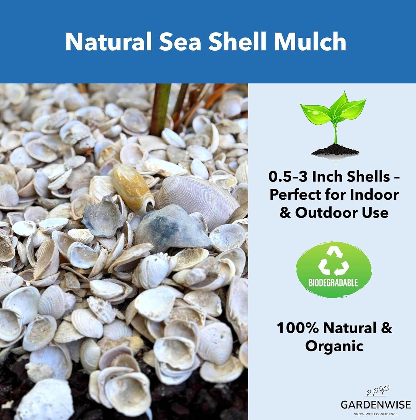 Natural Organic Sea Shell Mulch for Gardens and Landscaping – Decorative and Nutrient-Rich, 0.5–3-Inch Shells, Perfect for Indoor and Outdoor Use(1 CF - 28 L - 30 QTS)