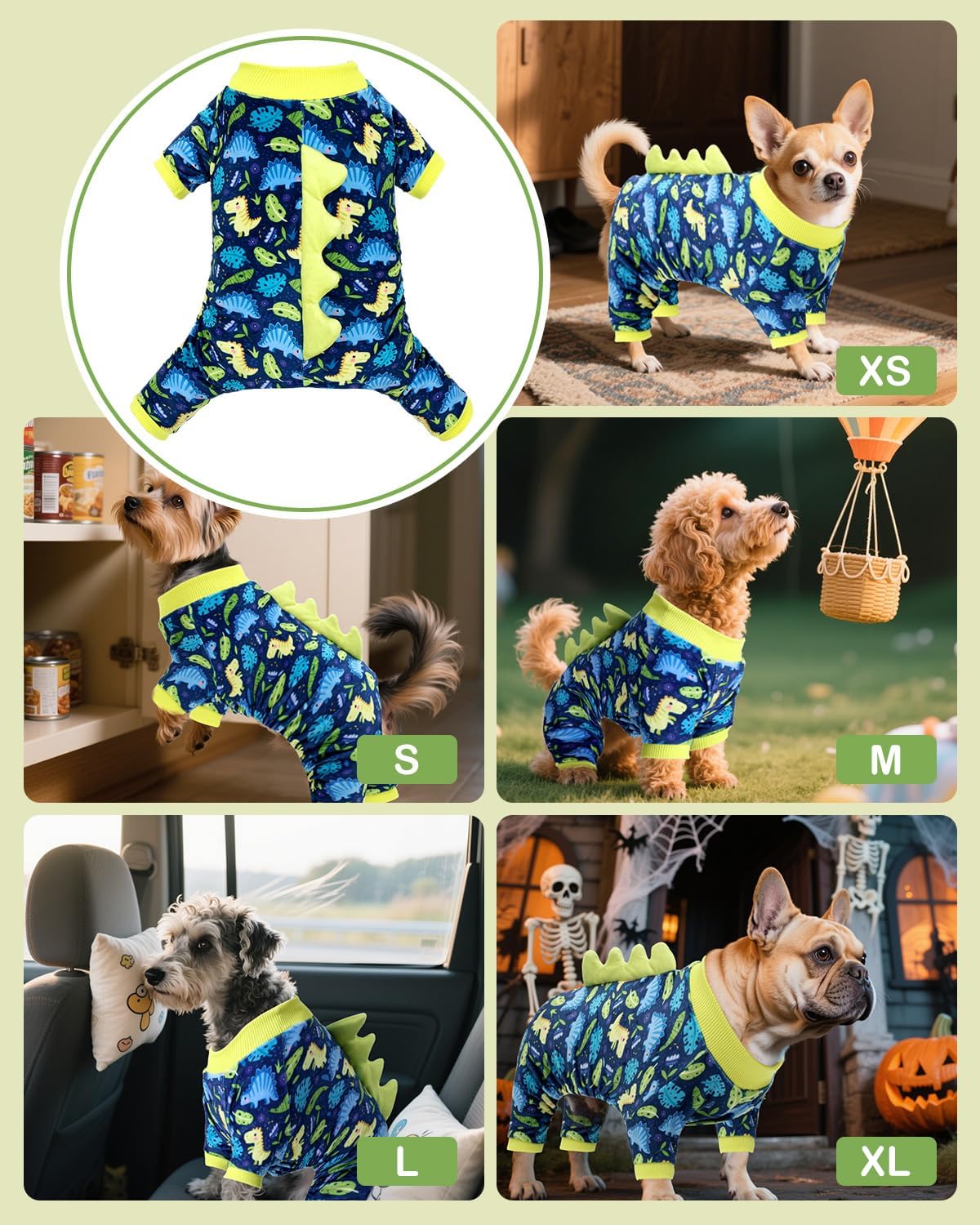 CuteBone Dinosaur Costume Dog Pajamas, Stretchy Spandex Crystal Velvet Sleepwear Coat for Small Dogs, Soft & Warm Pet Outfit Clothes for Cold Weather, Cozy Pullover Design COSP10S