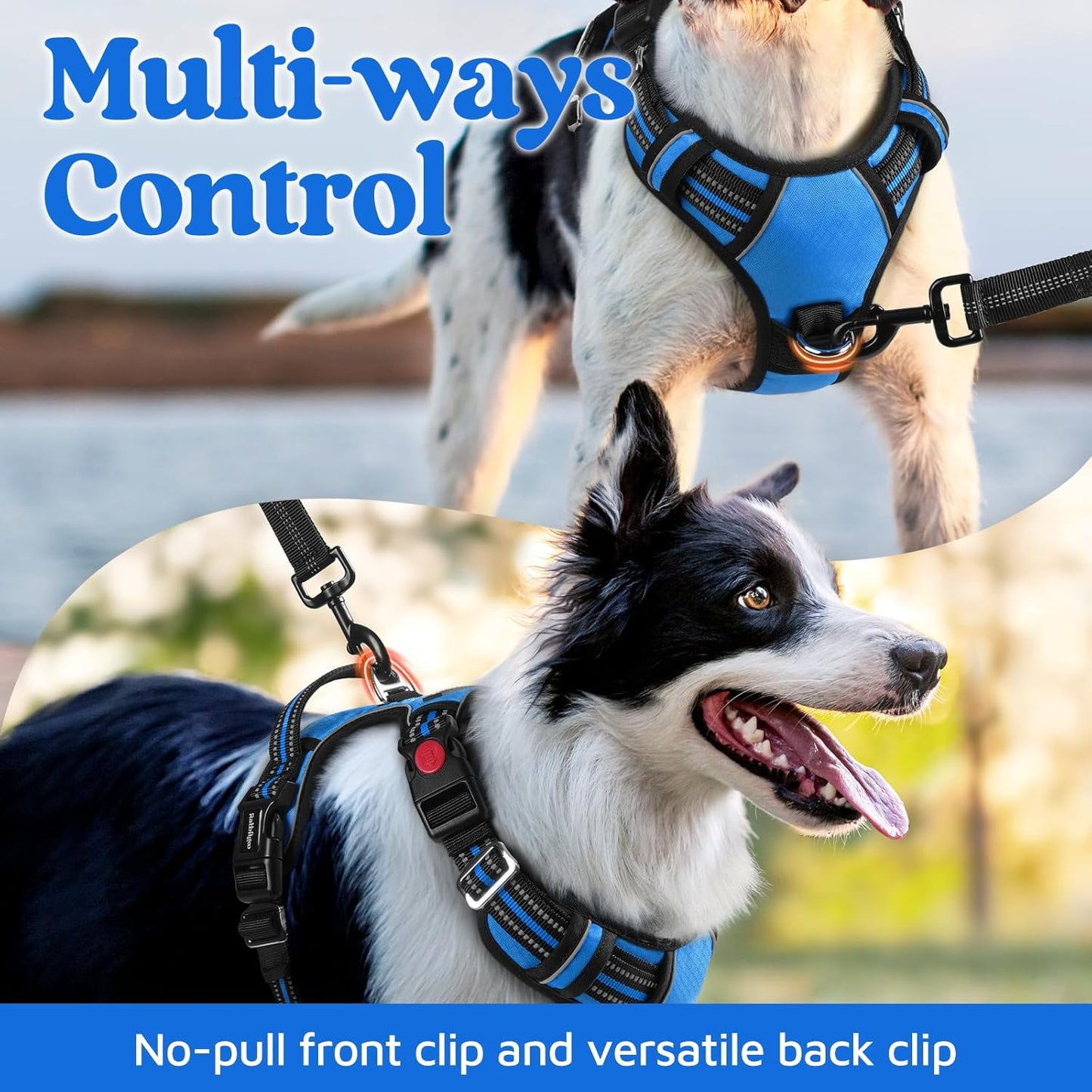 rabbitgoo Dog Harness Medium Sized, No Pull Dog Vest with 3 Buckles, Adjustable Soft Padded Pet Harness with Easy Control Handle and Reflective Strips, Blue, M