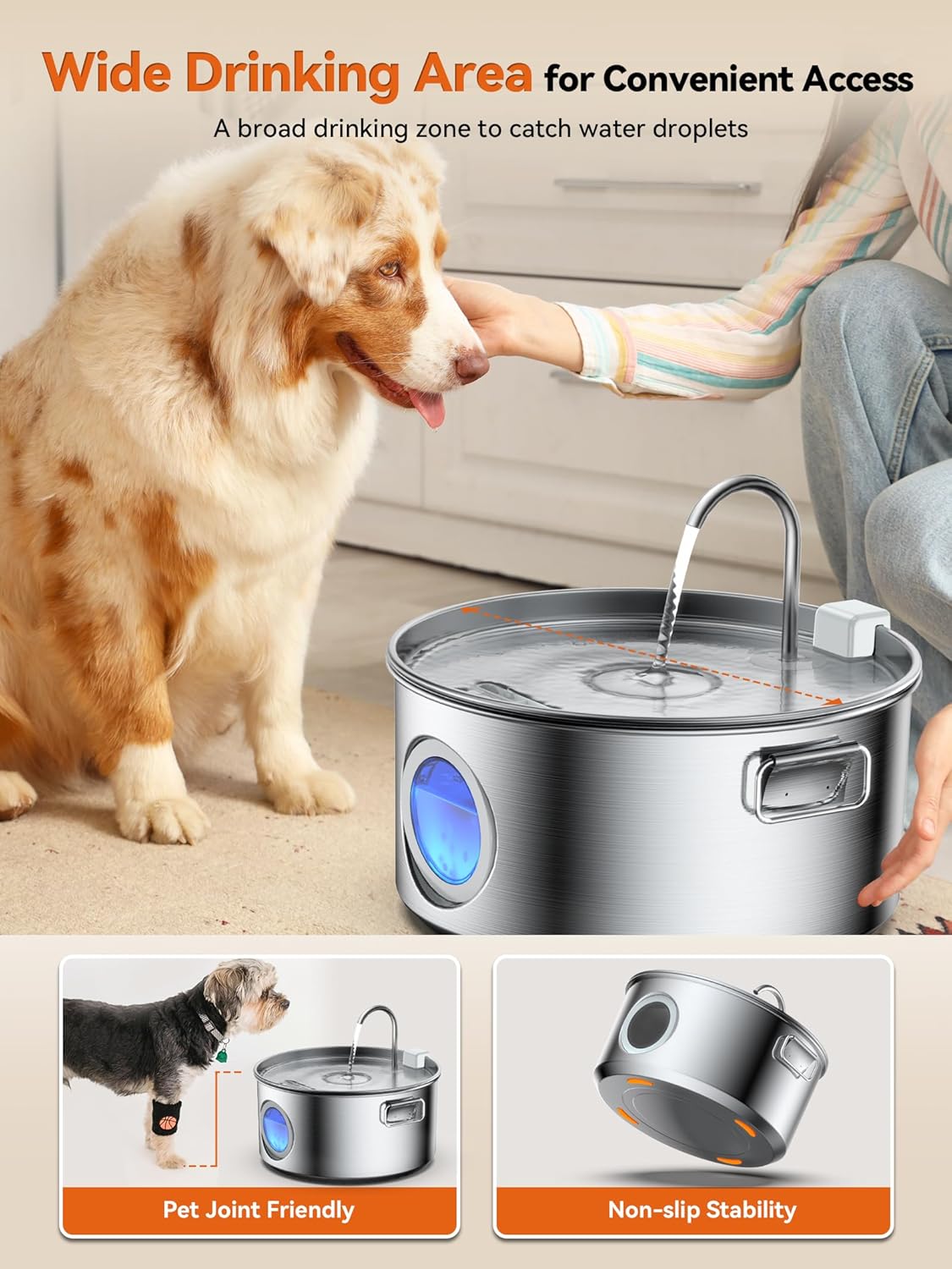 Dog Water Fountain for Large Dogs, 3.2Gal/406oz/12L Stainless Steel Pet Water Fountain, Quiet Dog Water Bowl Dispenser with Visible Window for Large Dog, Multi-pet Home