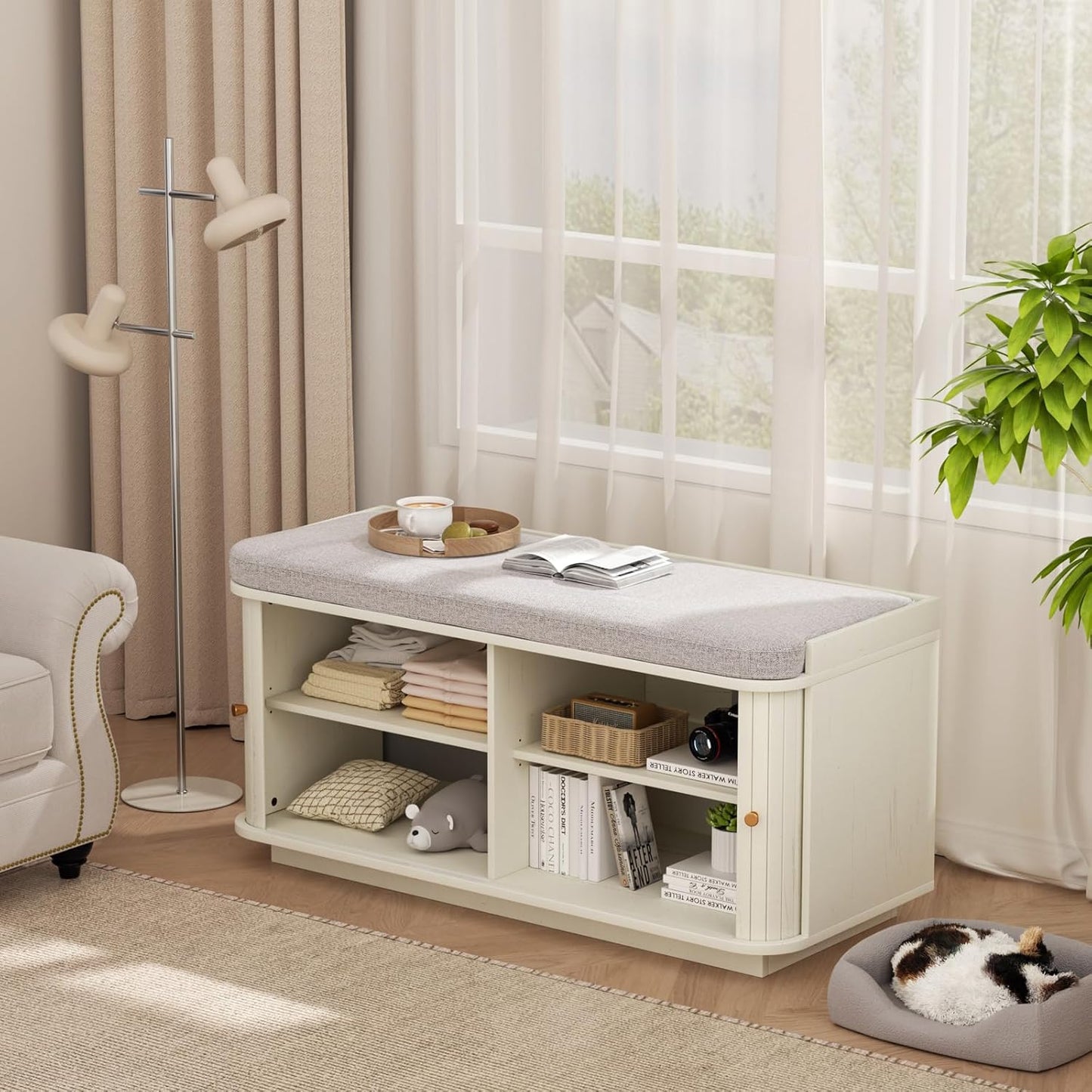 Cream White 39.4" W 2-Tier Shoe Bench with Storage | Entryway Bench with Padded Cushion, Sliding Doors & 5 Hooks