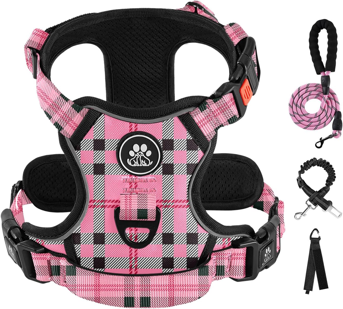 IVY&LANE No Pull Dog Harness with Leash Set, Reflective No Choke Pet Vest,Adjustable Oxford Dog Vest Harness with Easy Control Handle for Medium Lagre Dogs (Checkered Pink,M)