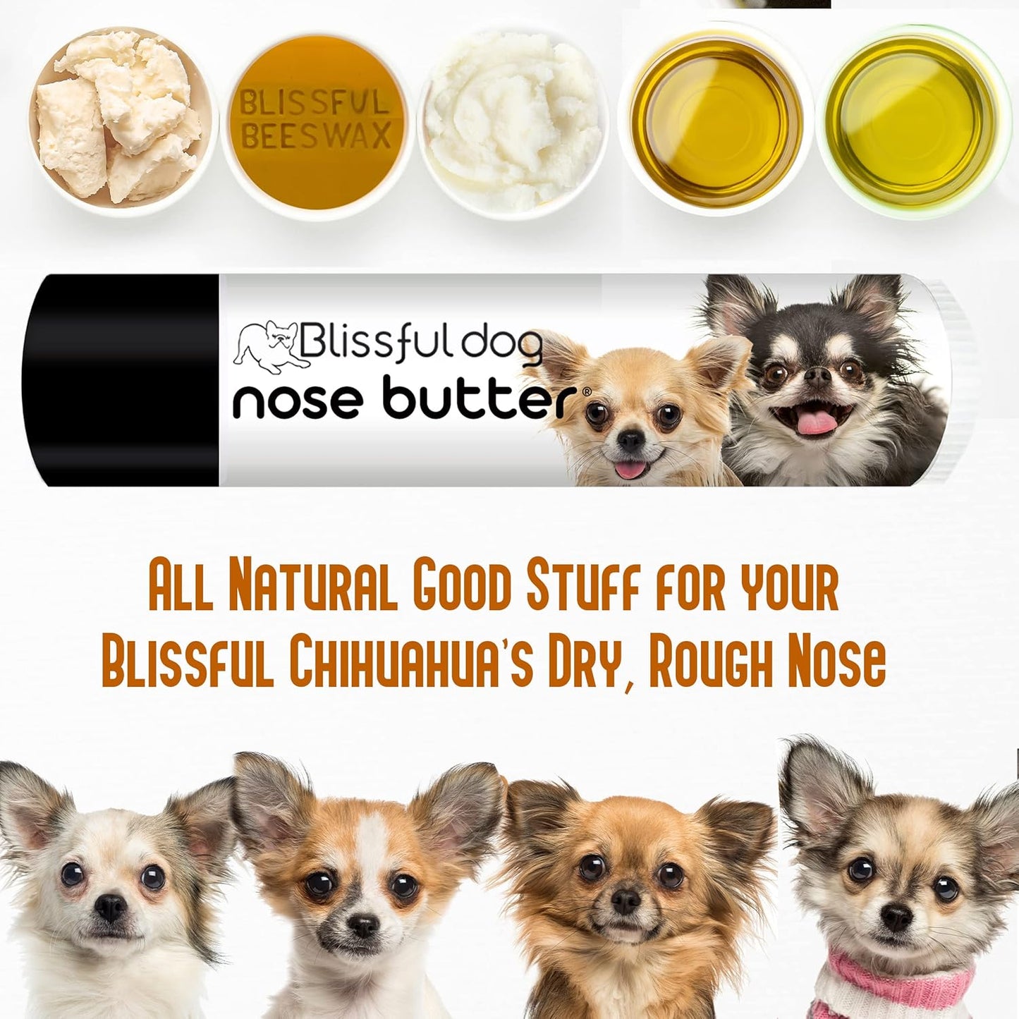 The Blissful Dog Long Coat Chihuahua Nose Butter for Dry, Cracked Skin, Lick-Safe Dog Nose Balm with Moisturizing Shea Butter, Almond, Olive, and Essential Oils, Pet Supplies, Uncented, 0.15 oz.