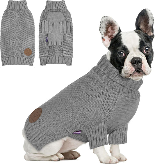 cyeollo Dog Sweaters Turtleneck Knitted Sweater with Leash Hole Winter Pet Clothes Dog Sweaters for Small Dogs, Grey M