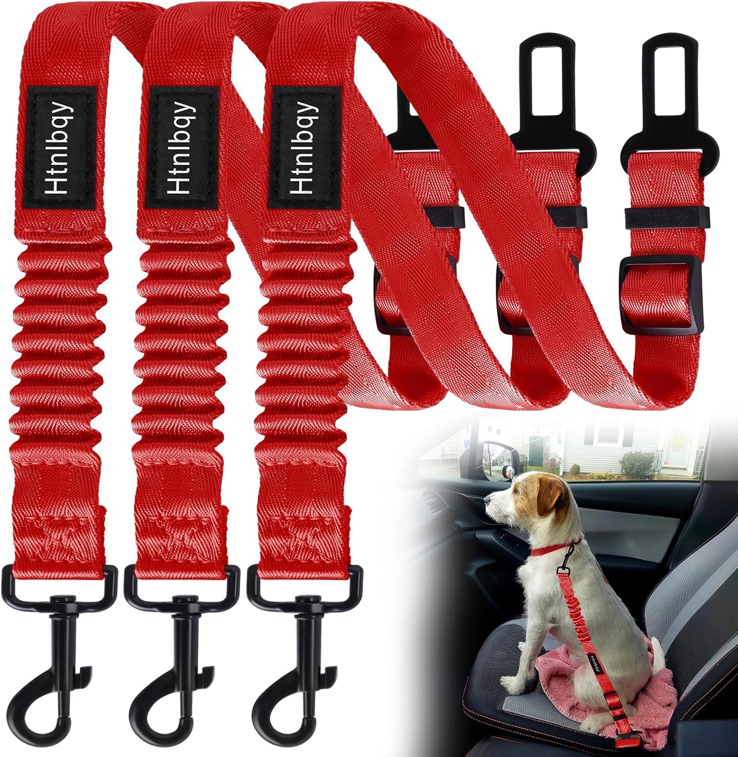 3 Pack Thickened Dog Seat Belt Adjustable Dog Car Seatbelts for Vehicle Nylon Pet Safety Seat Belt with Elastic Bungee Buffer Durable Car Harness for Dogs,Red