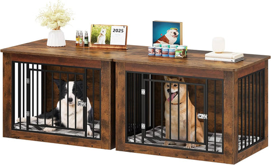 YITAHOME 76 Inch Double Dog Crate Furniture, XXL Dog Crate Furniture for 2 Dogs, Side End Table, Waterproof, Safety Corners, 2-in-1 Iron-Wood Fusion Dog Kennel Furniture for 2 Large Dogs,Rustic Brown