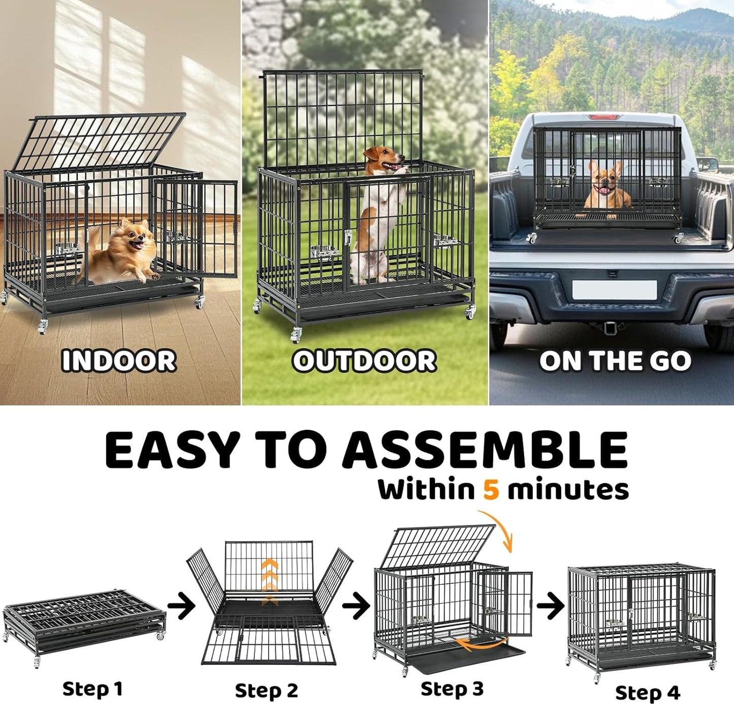 Homey Pet Three Levels 37 Inch Dog Crate 4 Pack, Escape Proof Dog Cage Kennel Indoor with Top Access and Lockable Wheels, Removable Tray, Heavy Duty Dog Crates for Medium/Small Dogs