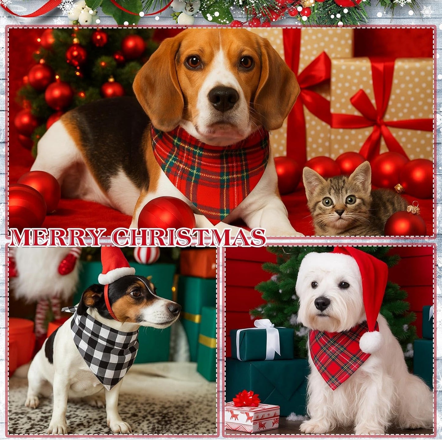 Weewooday 50 Pcs Christmas Dog Bandanas Bulk Xmas Red Green Buffalo Plaid Bandanas for Dogs Soft Bibs Adjustable Triangle Scarf for Small Medium Large Pets Costume (31.5 x 21.7 x 21.7 Inch)