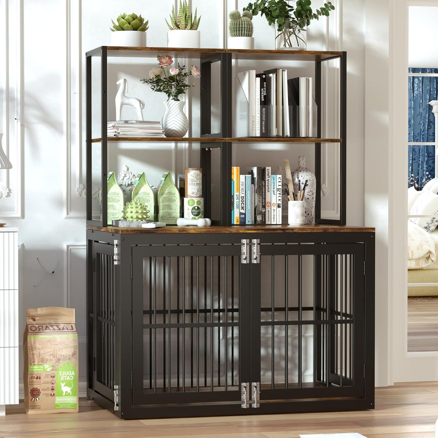 Dociote Heavy Duty Dog Crate Furniture with Storage Shelves，Large Dog Kennel Indoor End Table 39 Inch,Brown