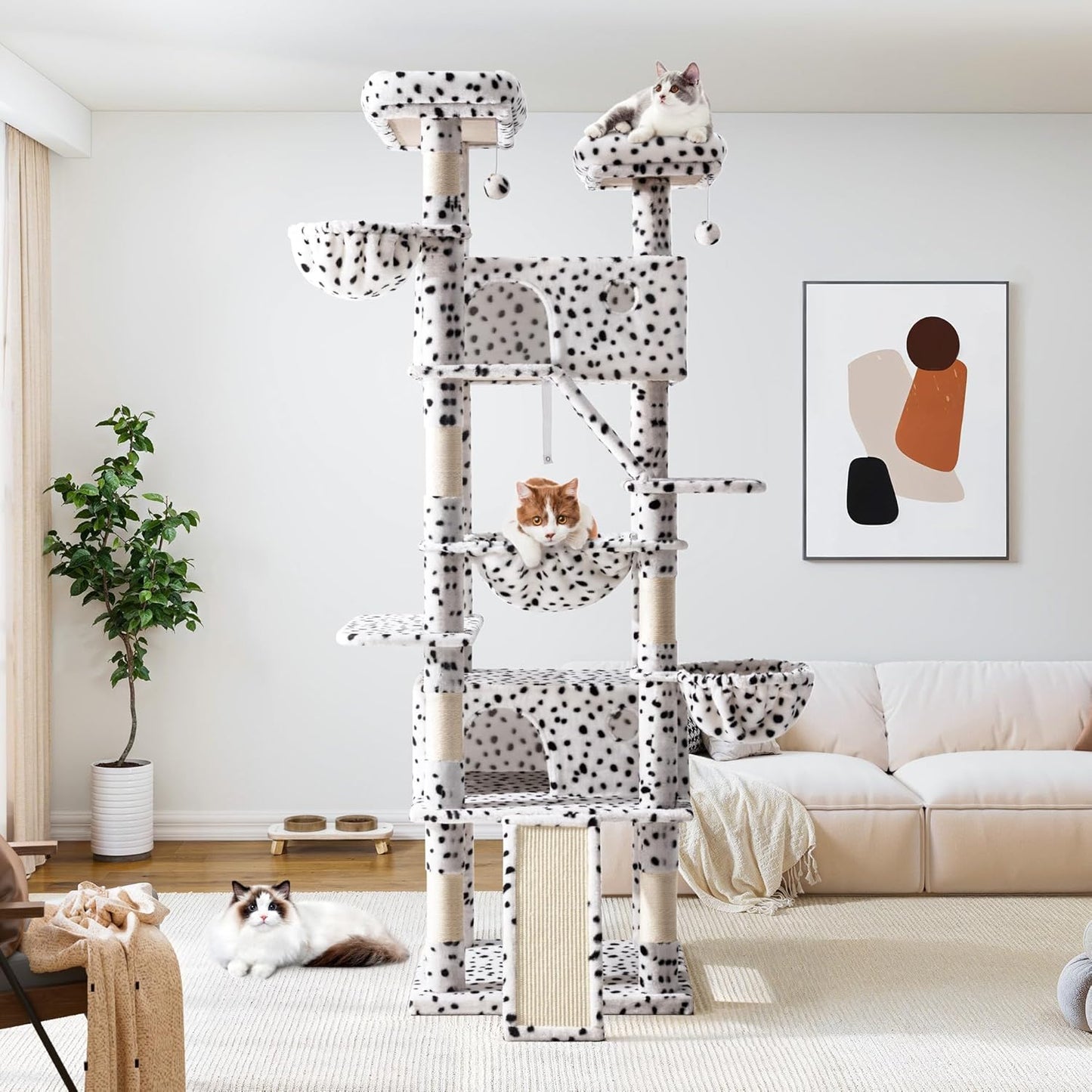 Allewie 81 Inches Tall Cat Tree/Multi-Level Large Climbing Tree House and Towers for Big Feline/Condo and Hammock/Scratching Post/Wide Base/White & Black Spot