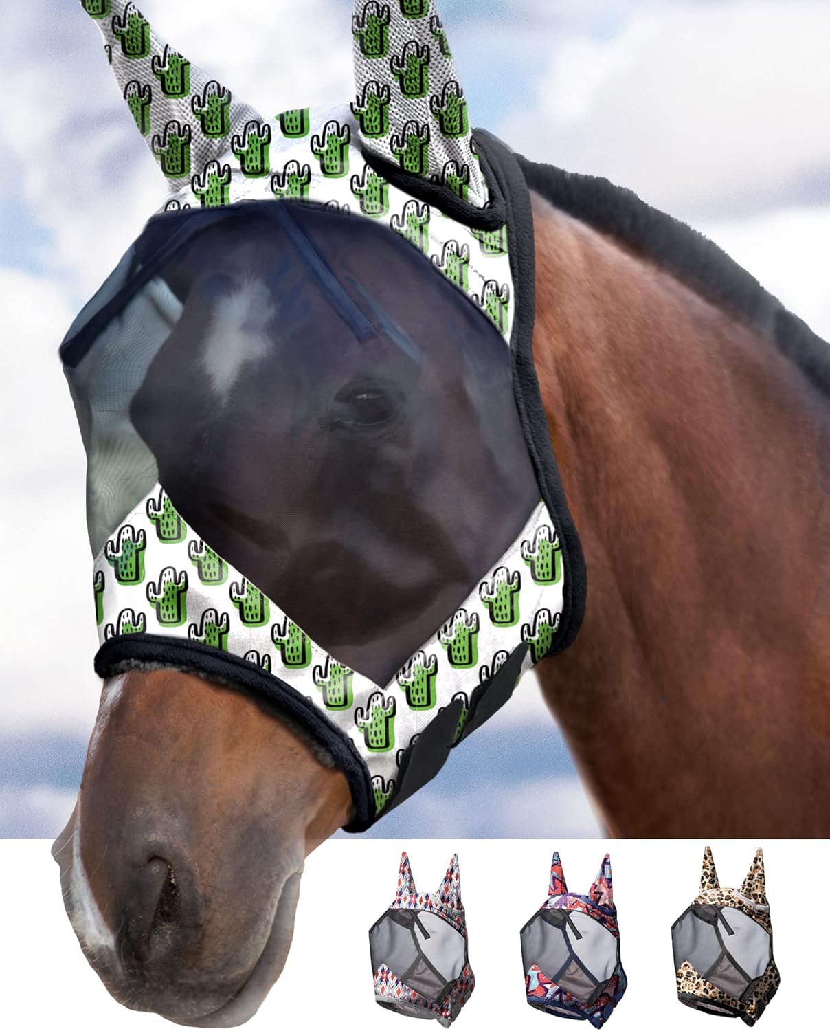 Harrison Howard LumiVista Horse Fly Mask Standard with Ears UV Protection for Horse Green Cactus L Full Size