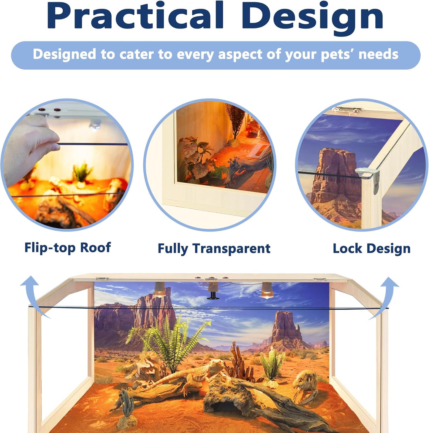 Prolee 65 Gallon Reptile Terrarium Tank Large 40" x 16" x 16", Bearded Dragon Tank with Roof Door, Snake Tank with Built-in Lamp Fixture and Switch, Side Windows, 40 Inch