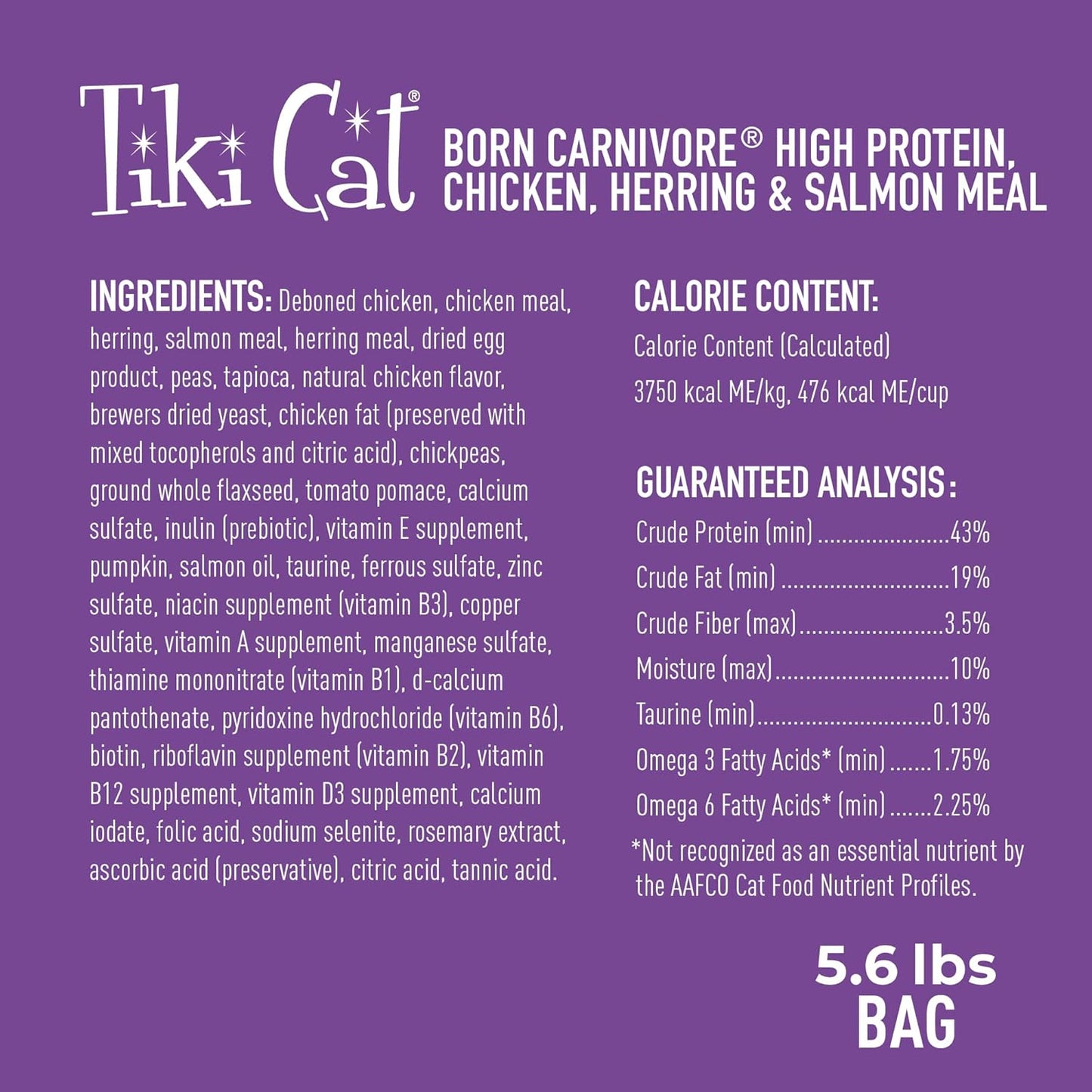 Tiki Cat Born Carnivore High Protein, Chicken, Herring & Salmon Meal, Grain-Free Baked Kibble to Maximize Nutrients, Dry Cat Food, 5.6 lbs. Bag