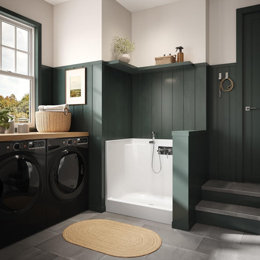 Laurel Mountain Odie 36" x 27" x 36" AcrylX Alcove Center Drain One-Piece Pet Shower in White with Hand-Held Sprayer in Chrome