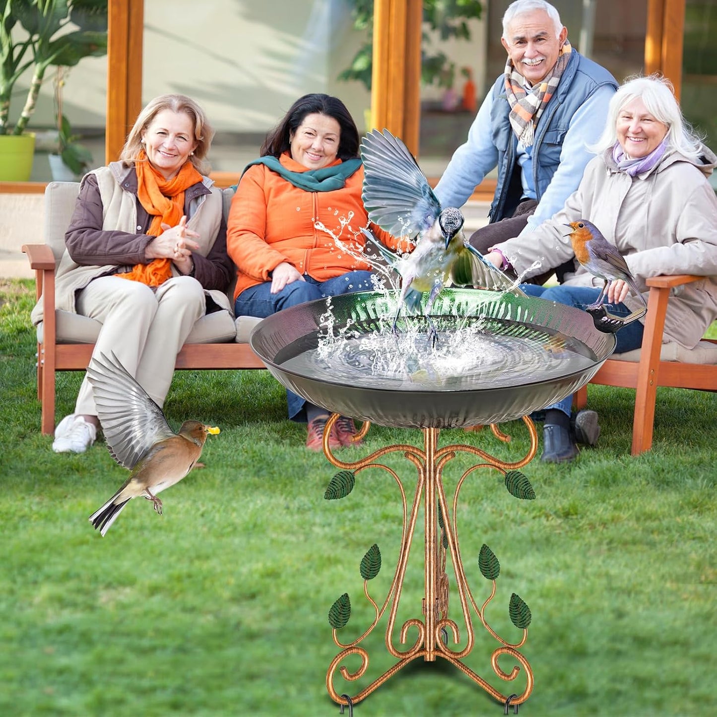 Vintage Metal Bird Bath for Outside, 13" Dia Birdbaths Bowl with Cast Iron Pedestal, Large Antique Bird Feeder with Folding Bracket for Outdoors Garden Patio Yard Decor (Purple Lotus)