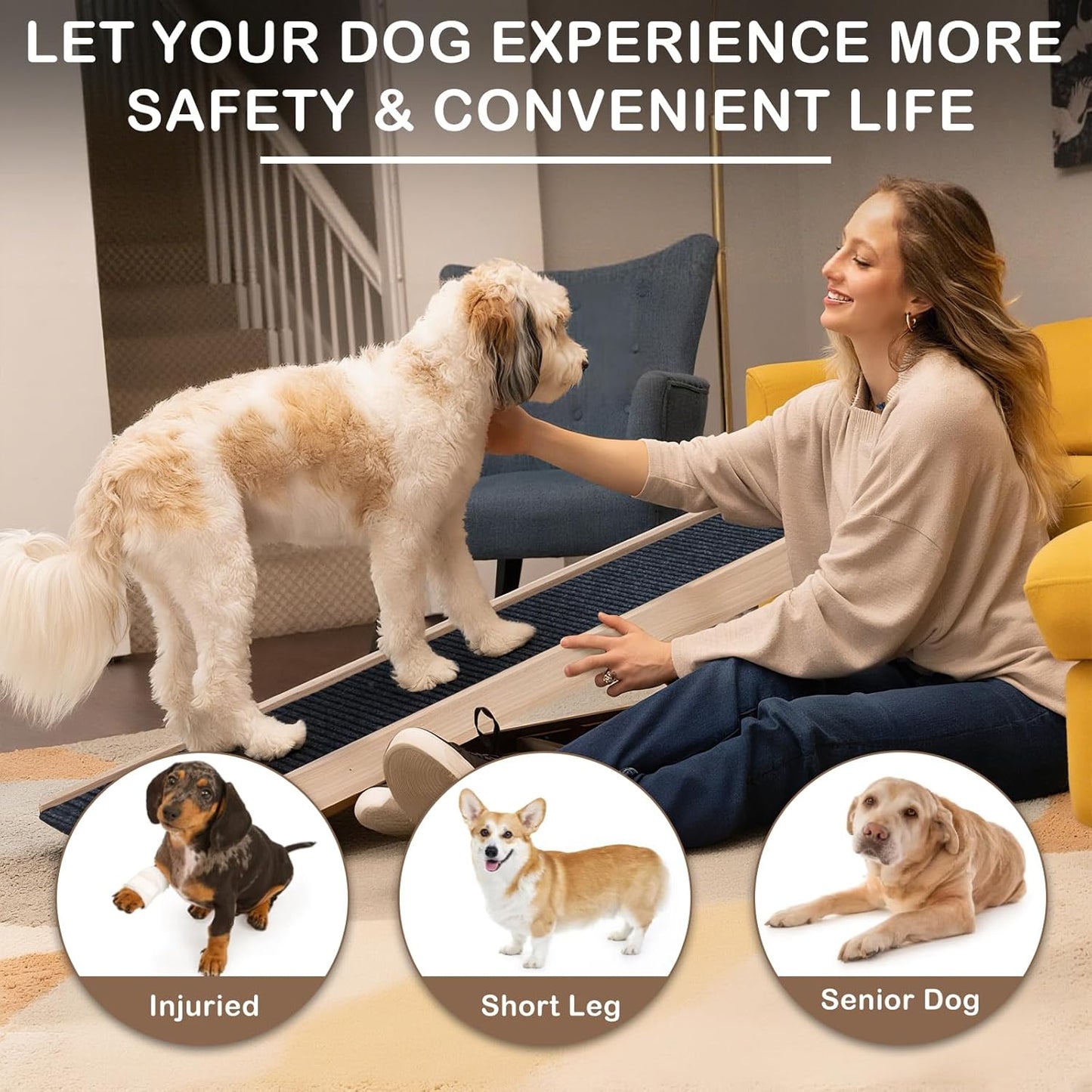 Folding Dog Ramp Safety, Wooden Adjustable Height Pet Ramps, Potable Dog Steps with Non-Slip Traction Mat, Dog Step for Bed, Dogs Stairs for SUV Car, Couch, Safe,Height Bed