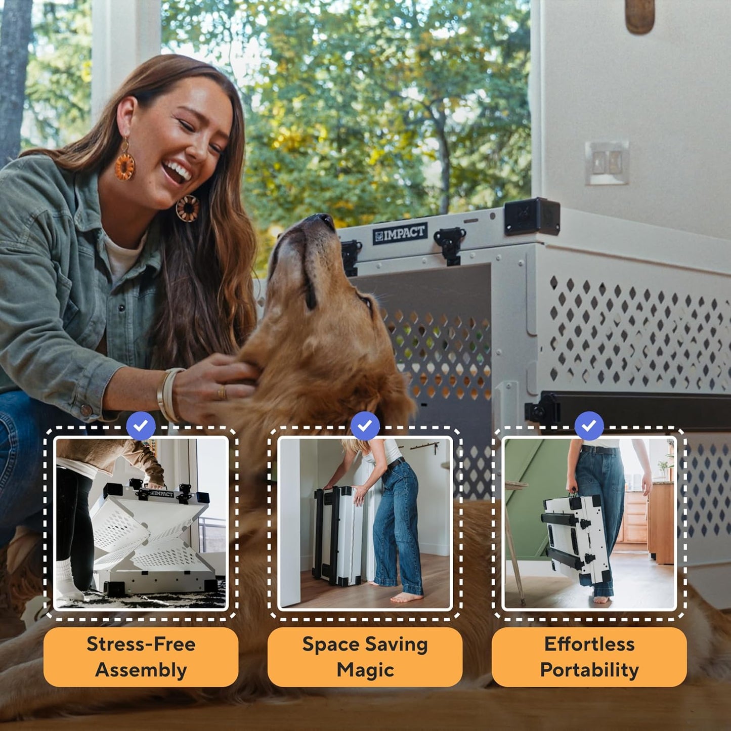 Impact Collapsible Dog Crate - Foldable Hard Crate for Intermediate Dogs - Heavy Duty Travel Kennel with Powder-Coated Aluminum - Quick Setup for Indoor & Outdoor (Gray, 34" (34.5" L x 23" W x 29" H))