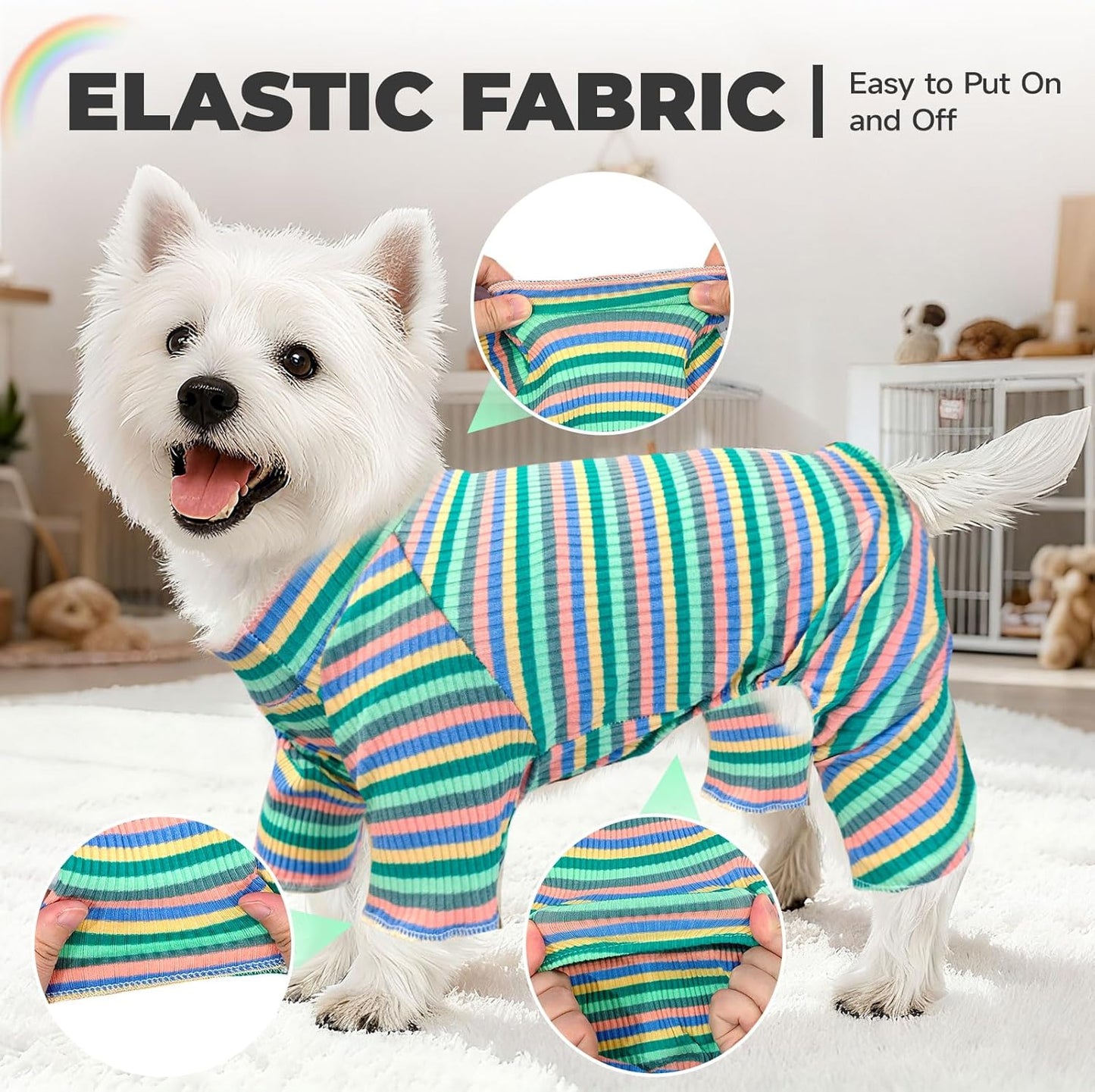 BAEJMJK Striped Dog Pajamas Stretchy Cute Four-Legged Boy Girl Dog Clothes with Sleeves Comfortable Dogs Jumpsuit Colorful Pet Puppy Outfits Apparel for Small Medium Dogs Cats(Green,Small)