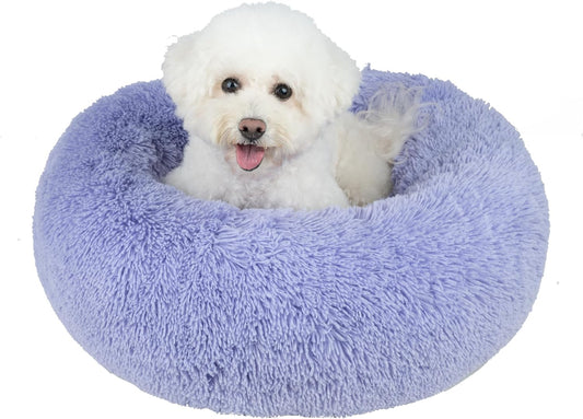 Best Pet Supplies Round Donut Dog Bed with Plush Faux Fur Fabric, Calming, Anti-Anxiety Cushion for Indoor Pets, Slip-Resistant Base, Soft Ergonomic Support - Lavender, 24x24x7''