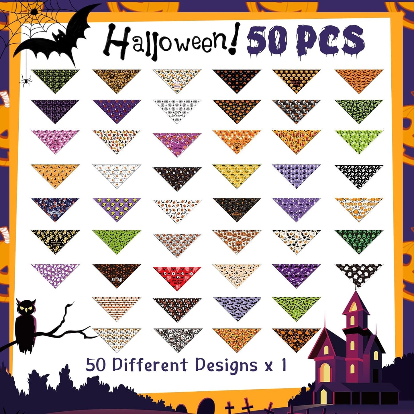 Abbylike 50 Pcs Halloween Dog Bandanas Bulk Pet Scarfs Triangle Bibs Adjustable Washable Puppy Kerchief Seasonal Pet Costume Accessories Grooming Supplies for Small Medium Large Dogs Cats