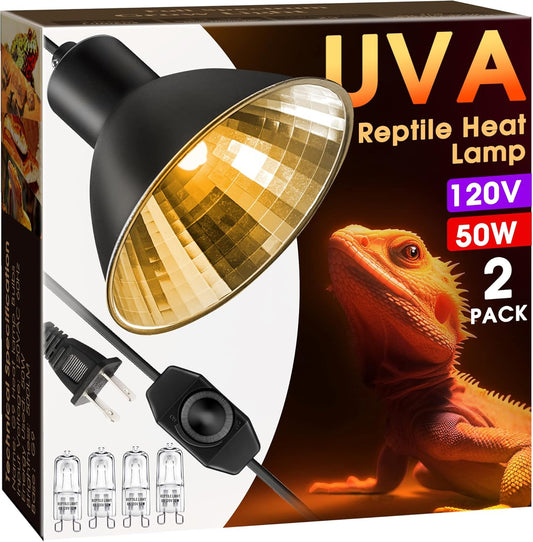 Reptile Heat Lamp, Briignite UVA Basking Light for Reptiles 50W, G9 Halogen Heat Bulb & Dome Reptile Light Fixture, Aluminum Reflector, Dimmable Heat Lamp for Chicken Turtle Snake Gecko Lizard, 2 Pack