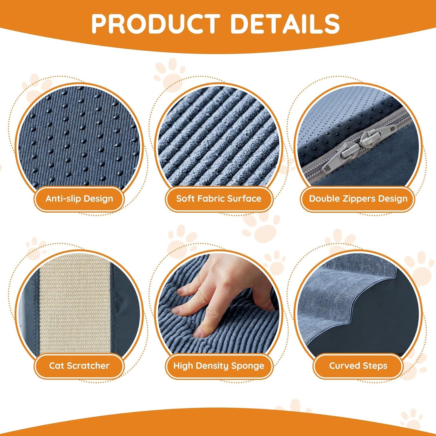 Pet Stairs for Small Dogs - 3-Step Curved Dog Ramp for Bed, Couch, Sofa, Car and Chairs - Non-Slip Bottom Design - High Density Foam Portable Pet Step - Navy