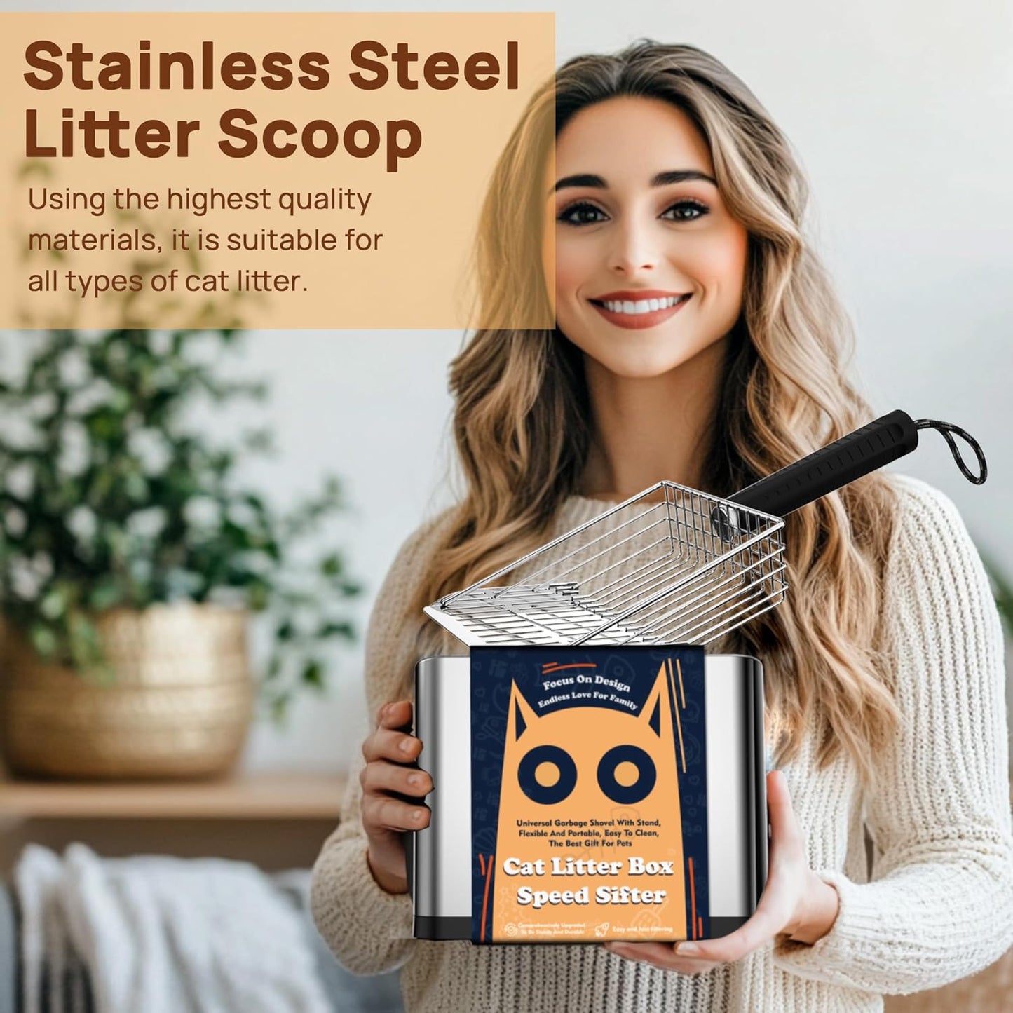 Heavy Duty Stainless Steel Cat Litter Scoop with Holder - Non-Slip Handle, Quick-Sifting Grid & Easy to Clean