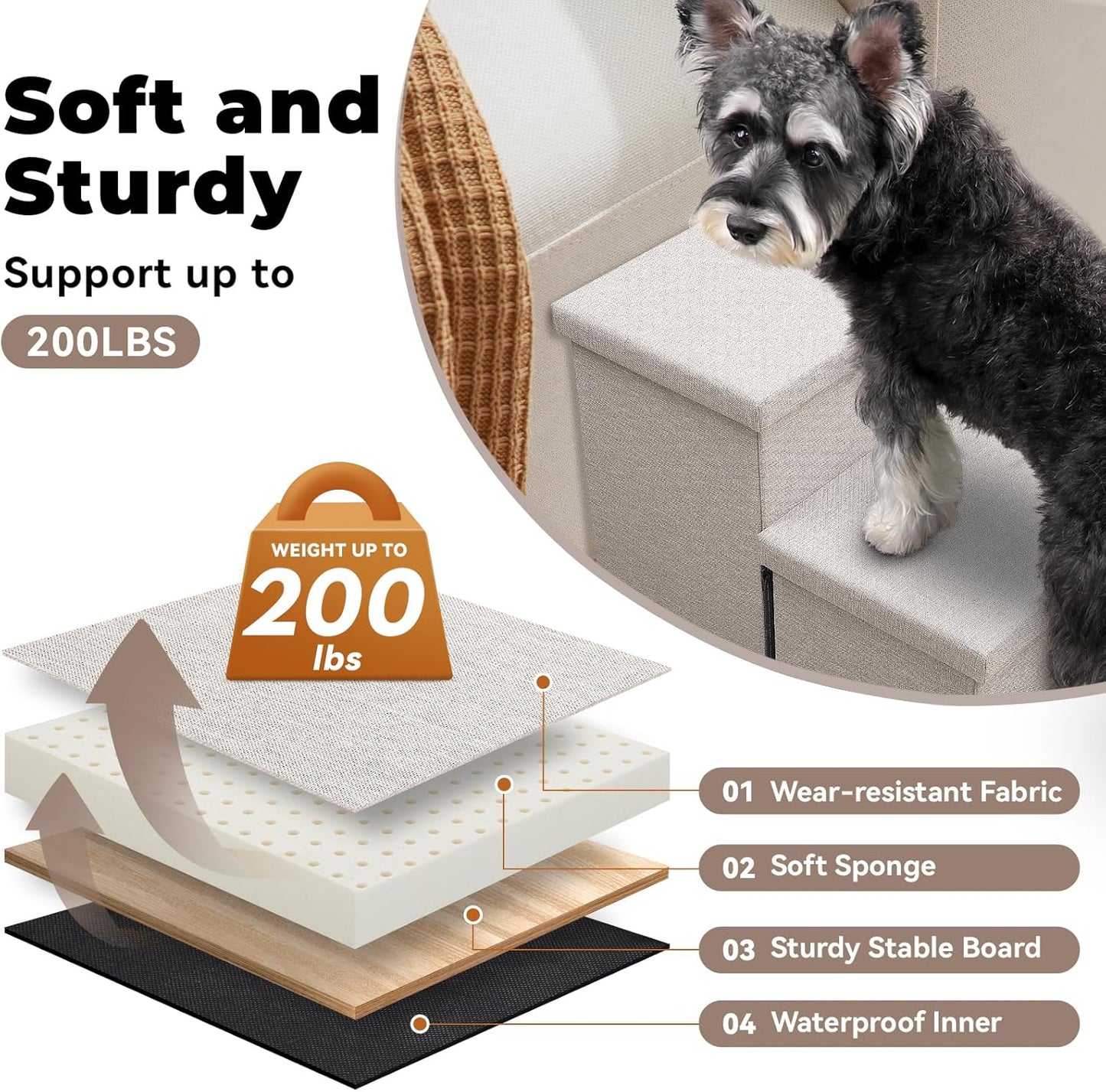 Dog Stairs with Condo 18" H, 3-Step Wider Dog Steps for High Beds Couch, Folding Storage Pet Stairs Gift for Small/Medium/Large Old Dogs Cats, Ramp for Climbing Car Up to 200 lbs, Beige