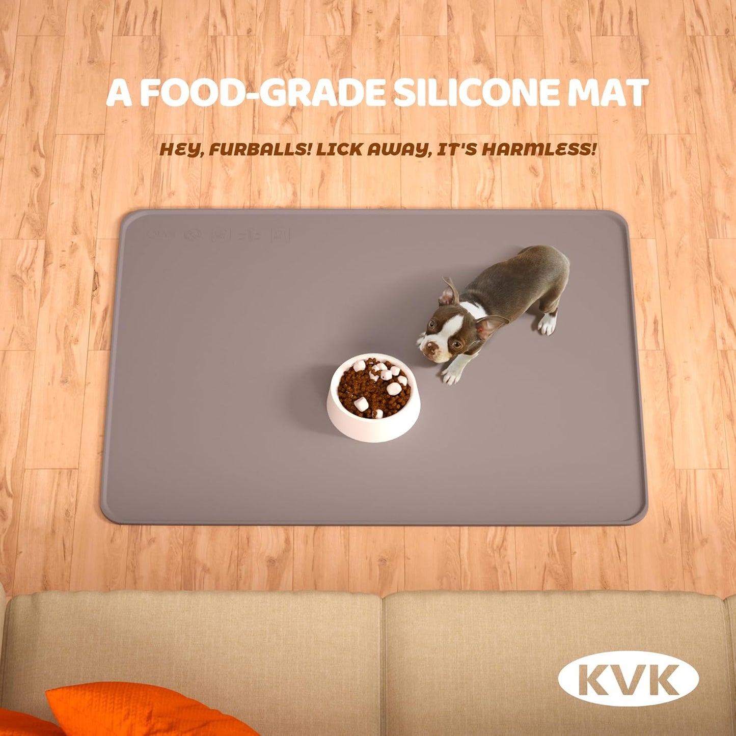 KVK Dog Food Mat, 39.4×29.5in Extra Large Silicone Pet Feeding Mat - Waterproof, Non - Slip, Chew - Resistant for Food & Water, Protect Floors (Light Gray)