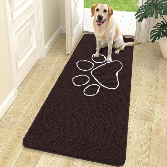 OLANLY Door Mat for Muddy Dog Paws 70x24, Ultra Absorbent Chenille Mud Doormat with Paw Print Design, Non-Slip Washable Doormat for Indoor Entryway, Quick-Dry Pet Bed Mats for Dirty Dogs, Brown