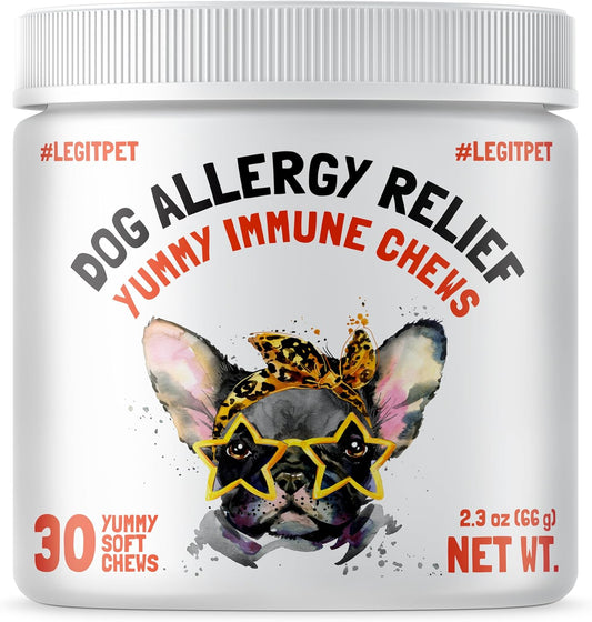 Allergy Relief Chews for Dogs & Immune & Digestive Supplement with Wild Salmon Oil Kelp Colostrum Turmeric Probiotics & Bee Pollen for Seasonal Allergies Anti Itch, Skin Hot Spots 30 Soft Treats