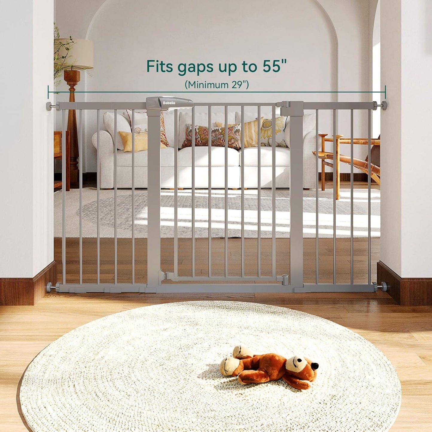 BABELIO 29-55 Inch Extra Wide Baby/Dog Gate, Metal Auto Close for The House and Doorways, Pressure Mounted Pet Door, NO Need Tools and Drilling, with Wall Cups, Gray