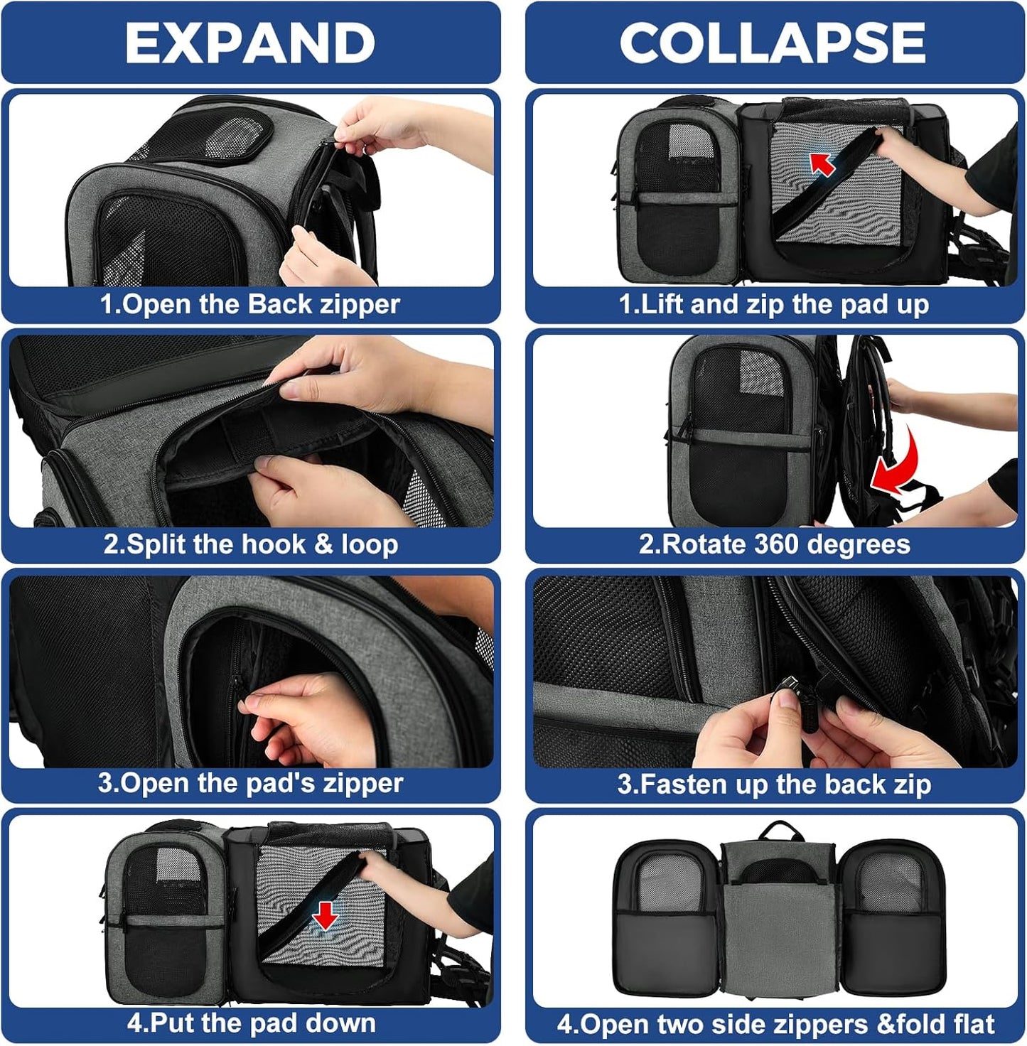 Apollo Walker Pet Carrier Backpack for Large/Small Cats and Dogs, Puppies, Safety Features and Cushion Back Support for Travel, Hiking, Outdoor Use (Gray-Expandable)