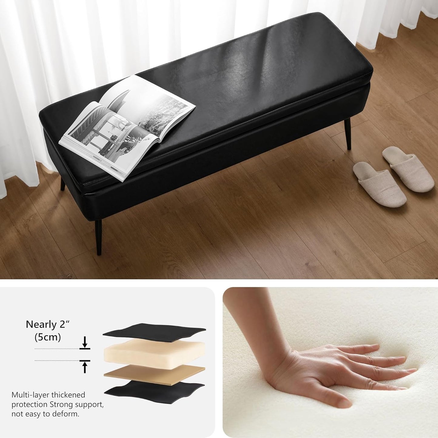 Leather Storage Ottoman Bench,End of Bed Bench for Living Room Bedroom Dinning Room Entryway,Mid-Century Modern,Faux Leather,with Steel Legs,Safety Hinges,Loads 660 lb (Without Button, Black)