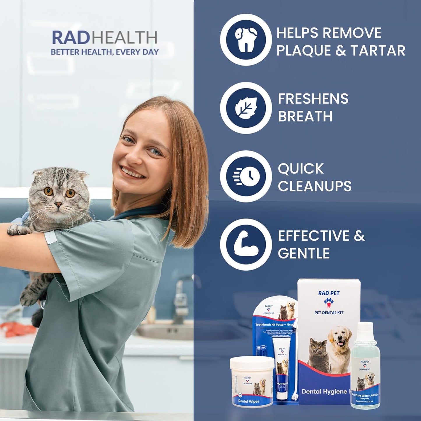RAD PET - Advanced Pet Dental Hygiene Kit, Vet-Formulated Cat & Dog Tooth Brushing Kit, Complete Oral Care with Cat/Dog Toothbrush and Toothpaste (Enzymatic), Pet Dental Wipes & Water Additive