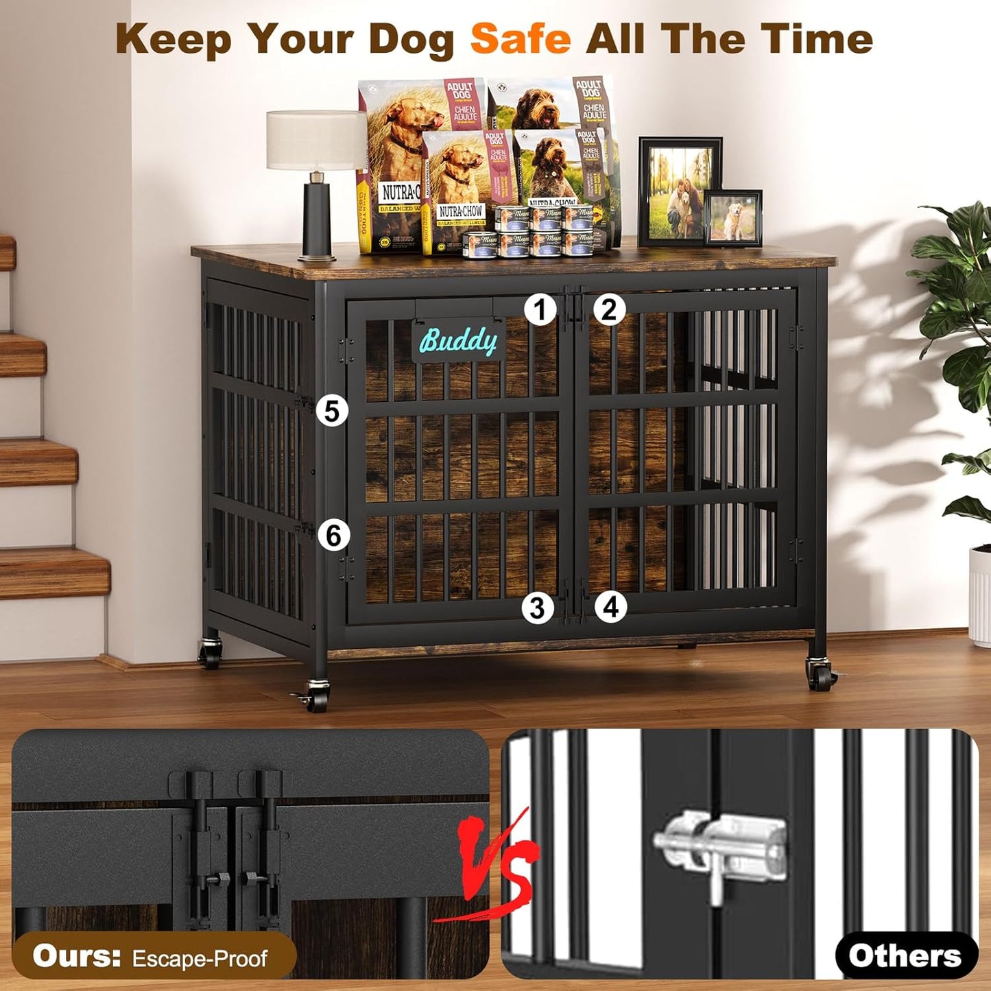 EasyCom 42"/41"/33" Dog Crate Furniture with Name Tag, XL Heavy Duty Dog Kennel Indoor for Large and Medium Dogs, Double-Doors Sturdy Dog Cage for Anxiety Dog, Decorate House as TV Stand
