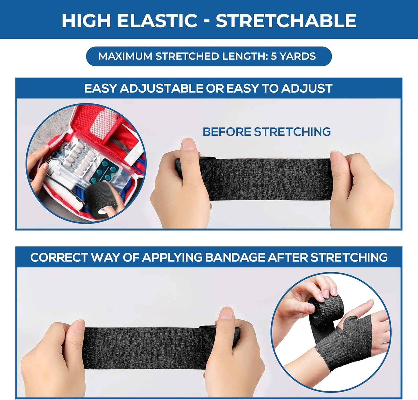 Self Adhesive Bandage Wrap - Pack of 12 Black Color, Non-Woven, Breathable & Water-Resistant Vet Wrap for First Aid, Sports Injury, Body Sprains, & Pets - 2 Inch x 5 Yards